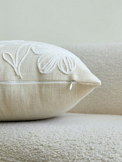 1pc Beige Floral & Leaf Embroidery Decorative Pillow Cover, Suitable For Indoor Decor, All Season, Pillow Case Only (No Insert)
