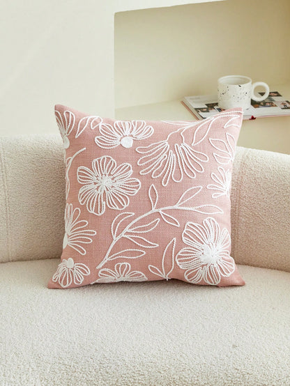 1pc Beige Floral & Leaf Embroidery Decorative Pillow Cover, Suitable For Indoor Decor, All Season, Pillow Case Only (No Insert)