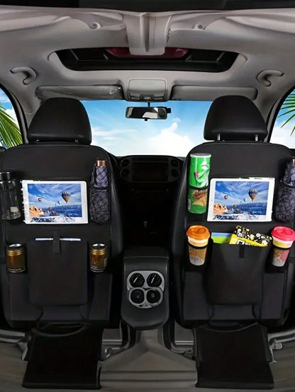 1pc Black Oxford Cloth Car Seat Back Organizer Bag With Anti-Kick Design For Storage Of Tablet And Other Items,Car Accessories