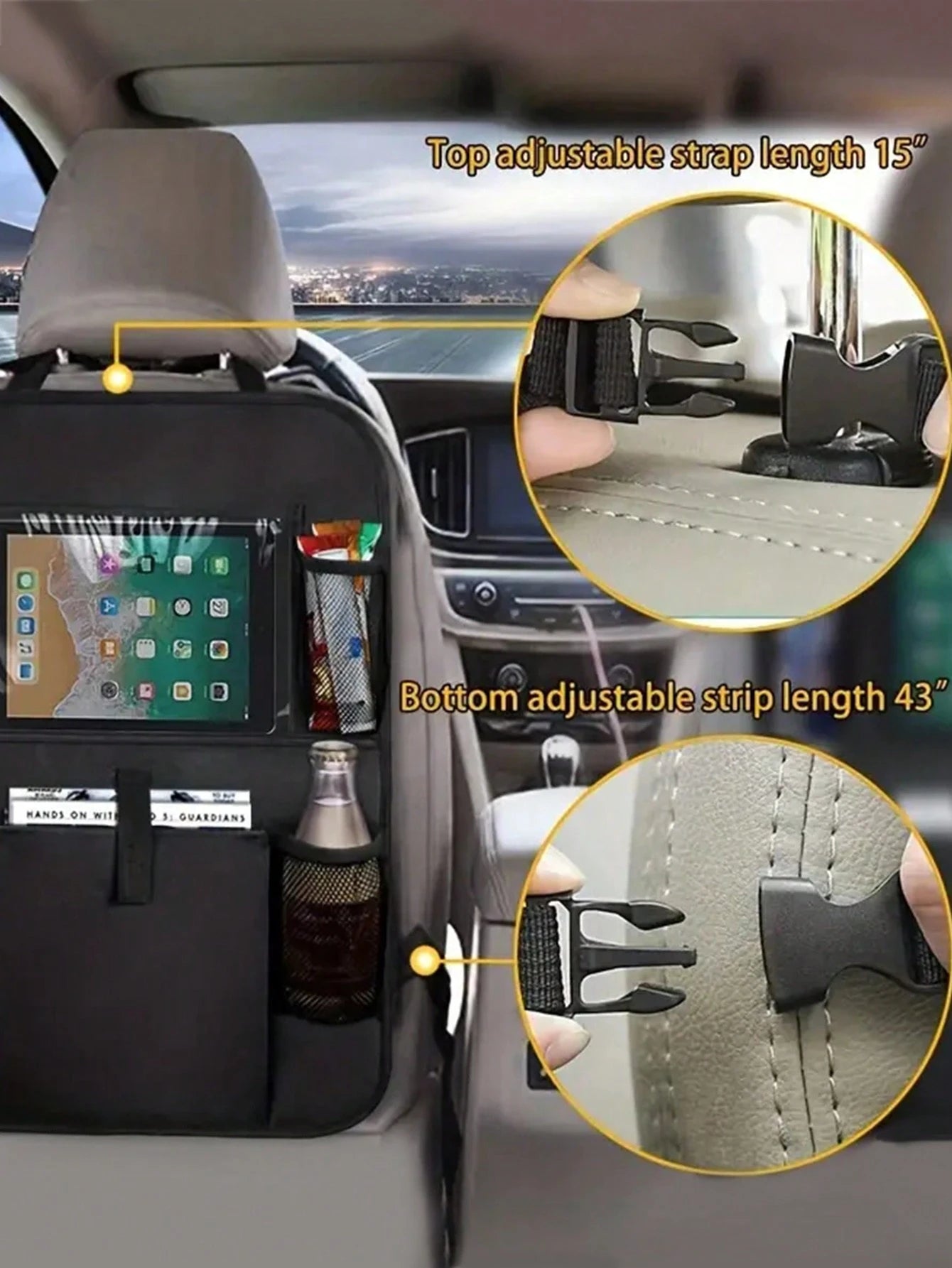 1pc Black Oxford Cloth Car Seat Back Organizer Bag With Anti-Kick Design For Storage Of Tablet And Other Items,Car Accessories