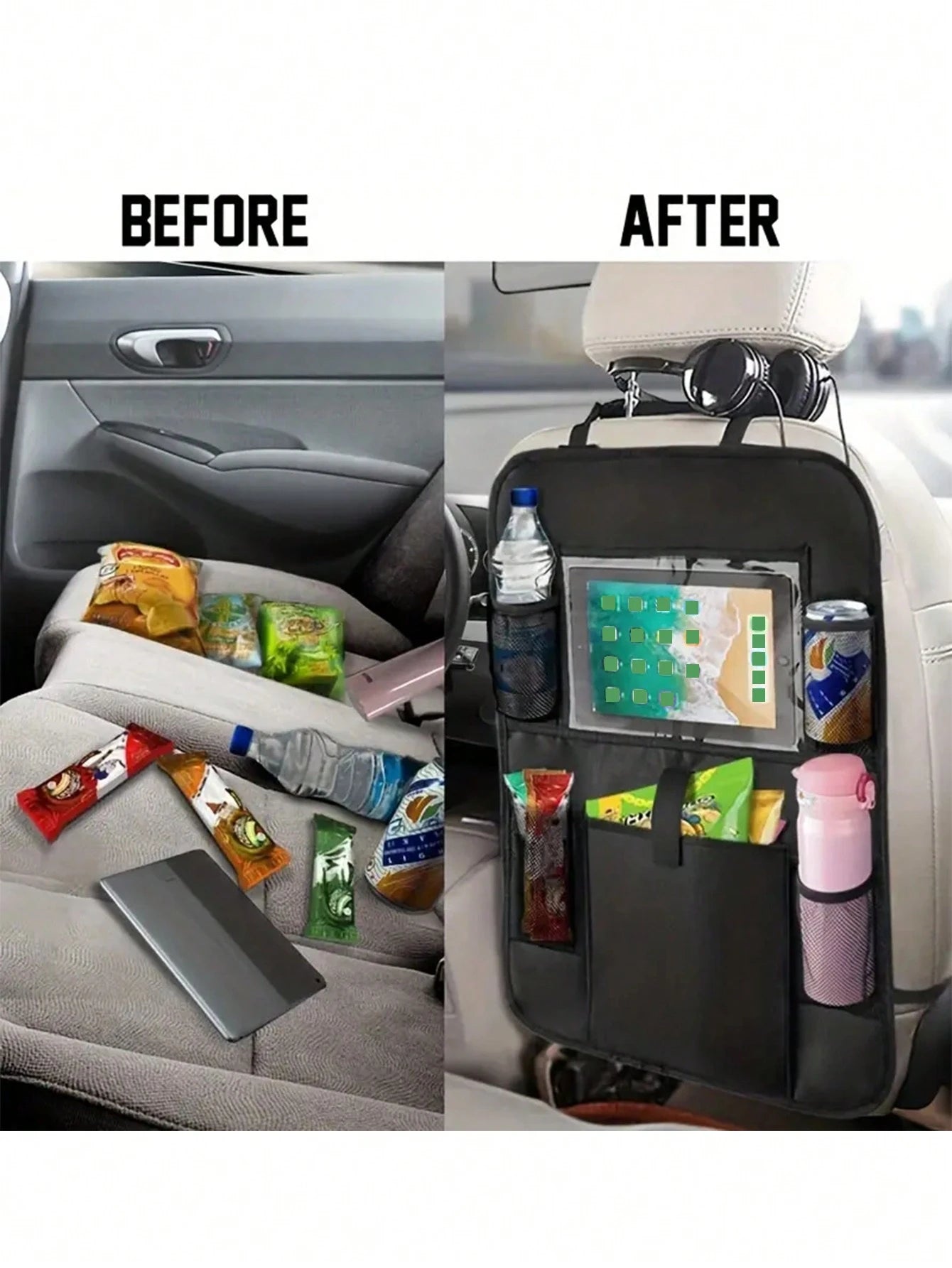 1pc Black Oxford Cloth Car Seat Back Organizer Bag With Anti-Kick Design For Storage Of Tablet And Other Items,Car Accessories