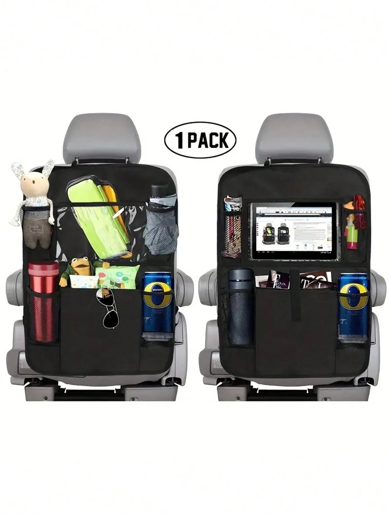 1pc Black Oxford Cloth Car Seat Back Organizer Bag With Anti-Kick Design For Storage Of Tablet And Other Items,Car Accessories