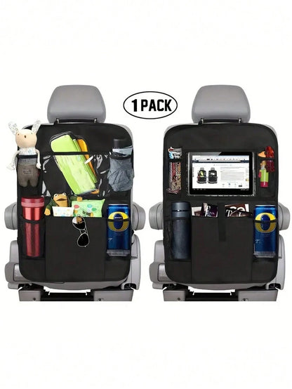 1pc Black Oxford Cloth Car Seat Back Organizer Bag With Anti-Kick Design For Storage Of Tablet And Other Items,Car Accessories