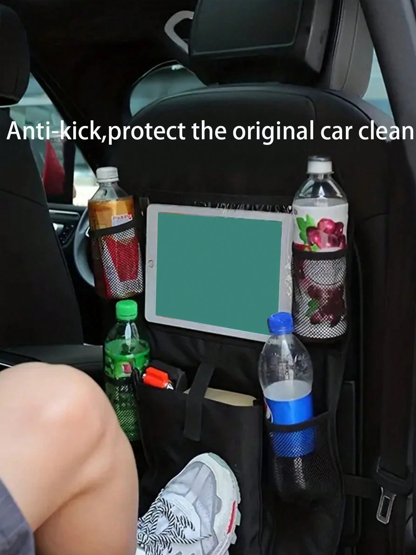 1pc Black Oxford Cloth Car Seat Back Organizer Bag With Anti-Kick Design For Storage Of Tablet And Other Items,Car Accessories