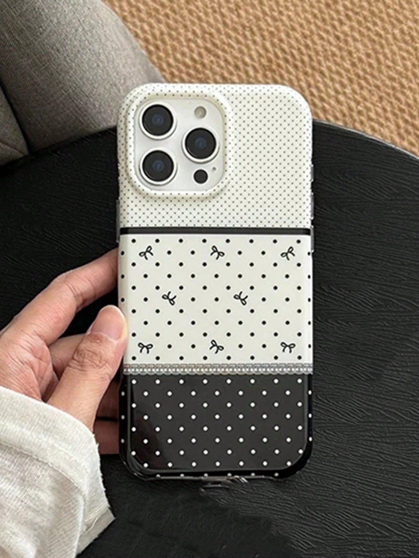1pc Black‑White Three‑Section Spliced Polka Dot Phone Case Cute Mini Bow Print Lace Line Decoration INS Sweet Vintage Style Shockproof Full‑Wrap Phone Cover Fashion Daily Phone Accessories Gift Compat