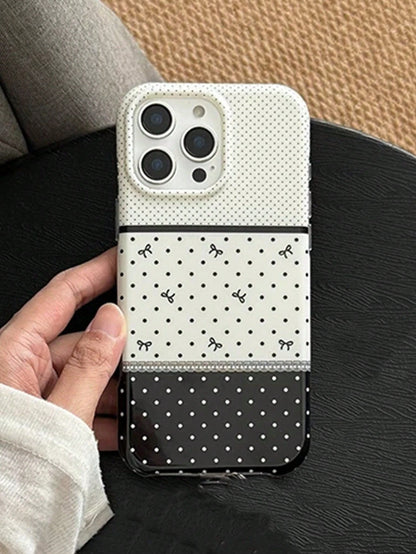1pc Black‑White Three‑Section Spliced Polka Dot Phone Case Cute Mini Bow Print Lace Line Decoration INS Sweet Vintage Style Shockproof Full‑Wrap Phone Cover Fashion Daily Phone Accessories Gift Compat