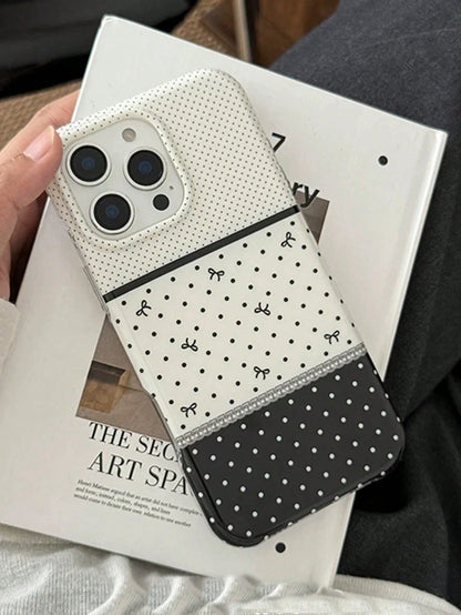 1pc Black‑White Three‑Section Spliced Polka Dot Phone Case Cute Mini Bow Print Lace Line Decoration INS Sweet Vintage Style Shockproof Full‑Wrap Phone Cover Fashion Daily Phone Accessories Gift Compat