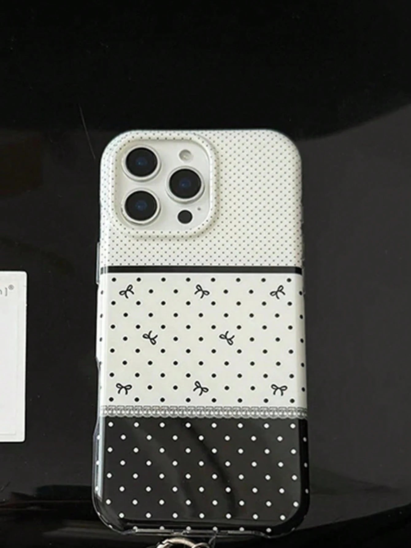 1pc Black‑White Three‑Section Spliced Polka Dot Phone Case Cute Mini Bow Print Lace Line Decoration INS Sweet Vintage Style Shockproof Full‑Wrap Phone Cover Fashion Daily Phone Accessories Gift Compat