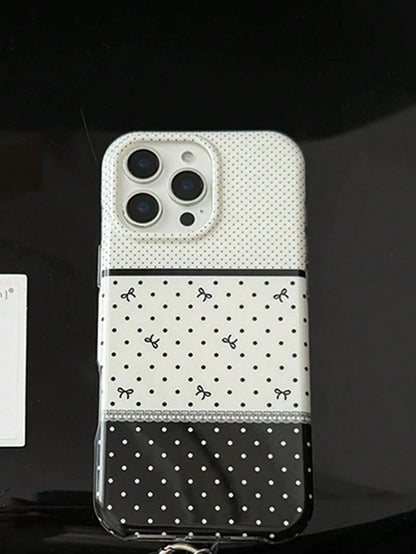 1pc Black‑White Three‑Section Spliced Polka Dot Phone Case Cute Mini Bow Print Lace Line Decoration INS Sweet Vintage Style Shockproof Full‑Wrap Phone Cover Fashion Daily Phone Accessories Gift Compat