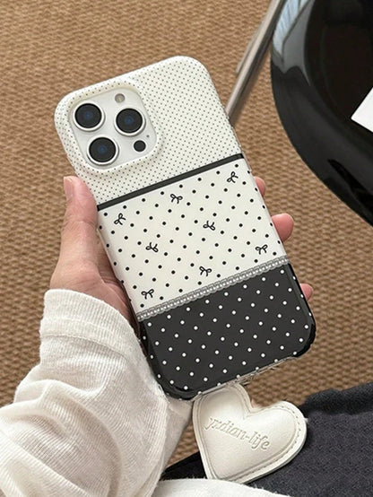 1pc Black‑White Three‑Section Spliced Polka Dot Phone Case Cute Mini Bow Print Lace Line Decoration INS Sweet Vintage Style Shockproof Full‑Wrap Phone Cover Fashion Daily Phone Accessories Gift Compat