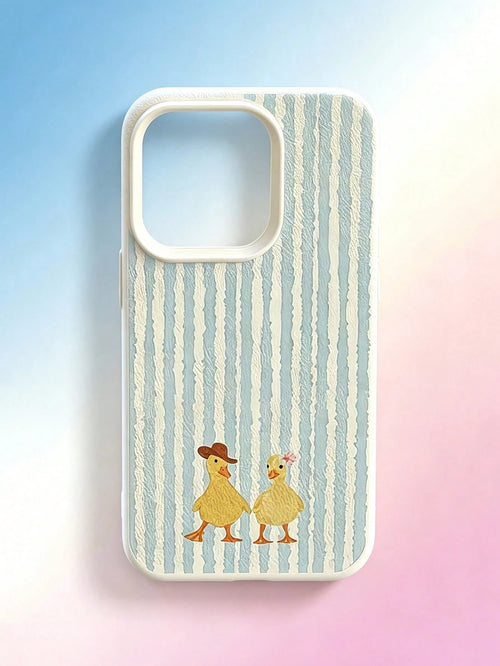1PC Blue Striped Little Duck Litchi Texture Women's Phone Case Compatible With 17Promax/16Pro/15plus/14Pro/13Promax/12Pro/11 Protective Shell Minimalist