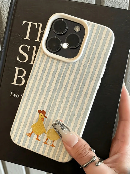 1PC Blue Striped Little Duck Litchi Texture Women's Phone Case Compatible With 17Promax/16Pro/15plus/14Pro/13Promax/12Pro/11 Protective Shell Minimalist