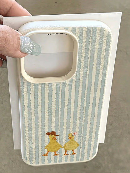 1PC Blue Striped Little Duck Litchi Texture Women's Phone Case Compatible With 17Promax/16Pro/15plus/14Pro/13Promax/12Pro/11 Protective Shell Minimalist