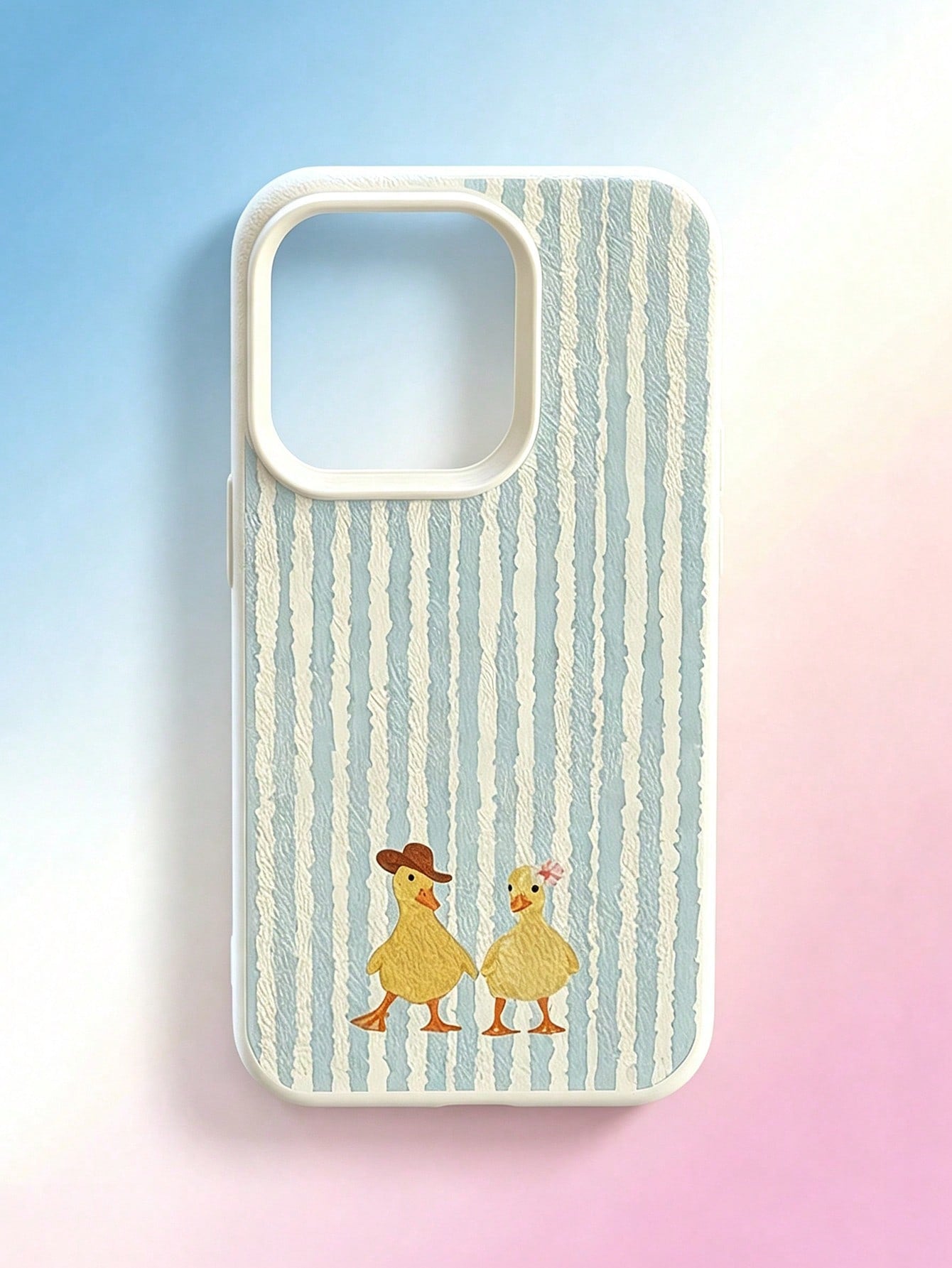 1PC Blue Striped Little Duck Litchi Texture Women's Phone Case Compatible With 17Promax/16Pro/15plus/14Pro/13Promax/12Pro/11 Protective Shell Minimalist