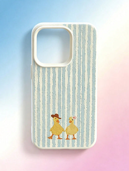1PC Blue Striped Little Duck Litchi Texture Women's Phone Case Compatible With 17Promax/16Pro/15plus/14Pro/13Promax/12Pro/11 Protective Shell Minimalist