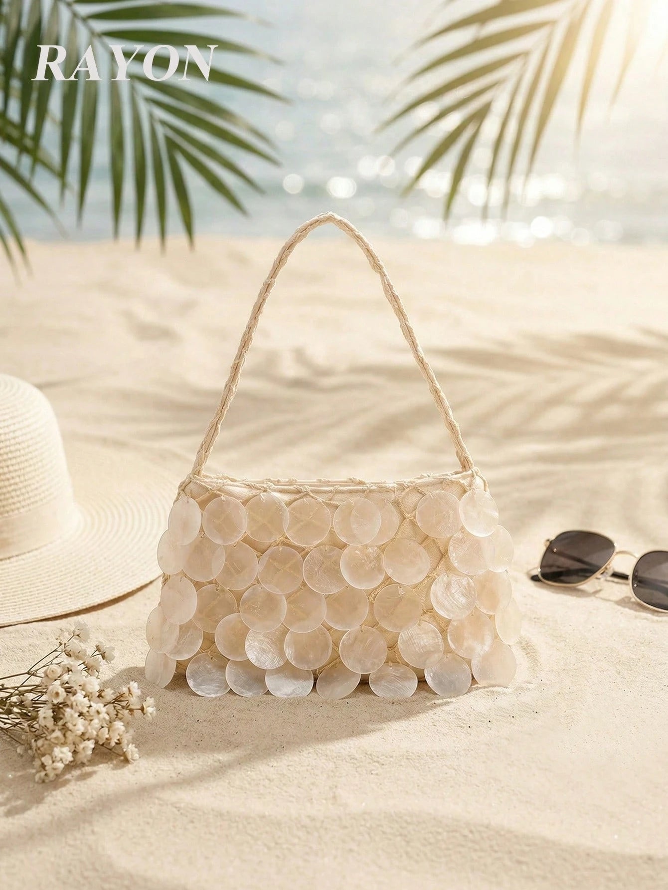 1pc Boho Seashell Slice Beaded Tassel Handbag, Women's Handmade Mermaid Sequin Fishnet Woven Tote Bag, Suitable For Summer Beach Travel Vacation And Pool Party (Natural Cracks, Impurities And Defects