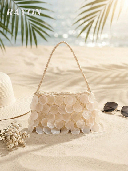 1pc Boho Seashell Slice Beaded Tassel Handbag, Women's Handmade Mermaid Sequin Fishnet Woven Tote Bag, Suitable For Summer Beach Travel Vacation And Pool Party (Natural Cracks, Impurities And Defects