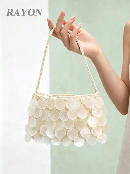 1pc Boho Seashell Slice Beaded Tassel Handbag, Women's Handmade Mermaid Sequin Fishnet Woven Tote Bag, Suitable For Summer Beach Travel Vacation And Pool Party (Natural Cracks, Impurities And Defects