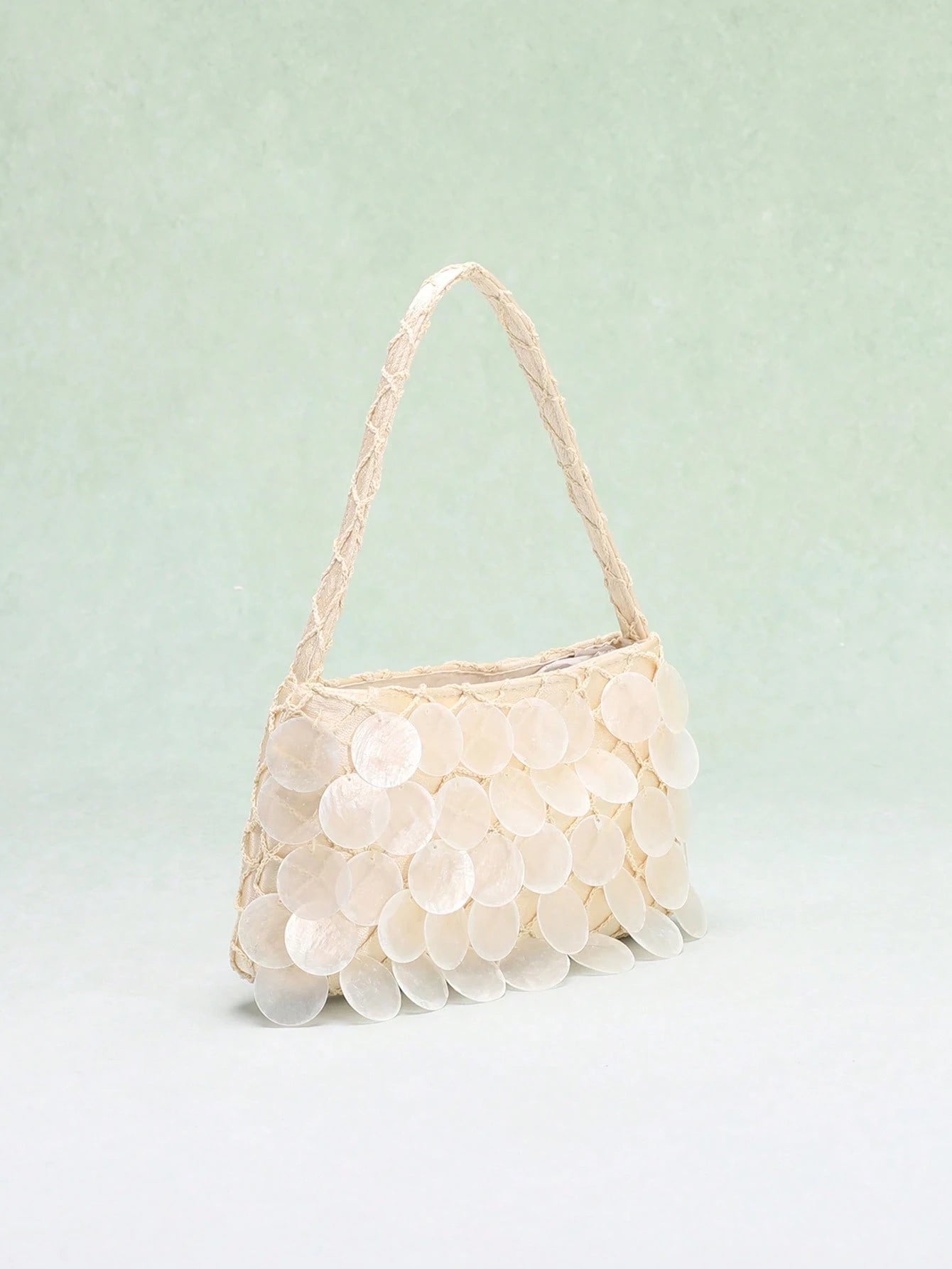 1pc Boho Seashell Slice Beaded Tassel Handbag, Women's Handmade Mermaid Sequin Fishnet Woven Tote Bag, Suitable For Summer Beach Travel Vacation And Pool Party (Natural Cracks, Impurities And Defects