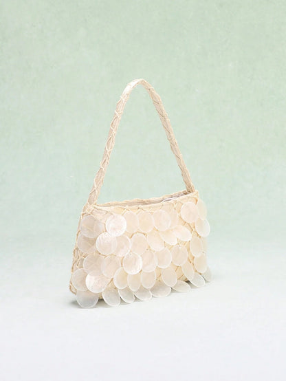 1pc Boho Seashell Slice Beaded Tassel Handbag, Women's Handmade Mermaid Sequin Fishnet Woven Tote Bag, Suitable For Summer Beach Travel Vacation And Pool Party (Natural Cracks, Impurities And Defects