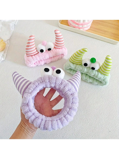 1pc Bull Horn Striped Headbands, Bath Headband,Cute Hair Band, Creative Polyester Facial Makeup Headband For Bathroom, Plush Wristband With Coral Fleece Sweatband For Face Washing/Sweating, Waterproof