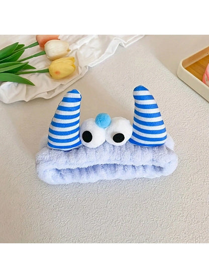 1pc Bull Horn Striped Headbands, Bath Headband,Cute Hair Band, Creative Polyester Facial Makeup Headband For Bathroom, Plush Wristband With Coral Fleece Sweatband For Face Washing/Sweating, Waterproof