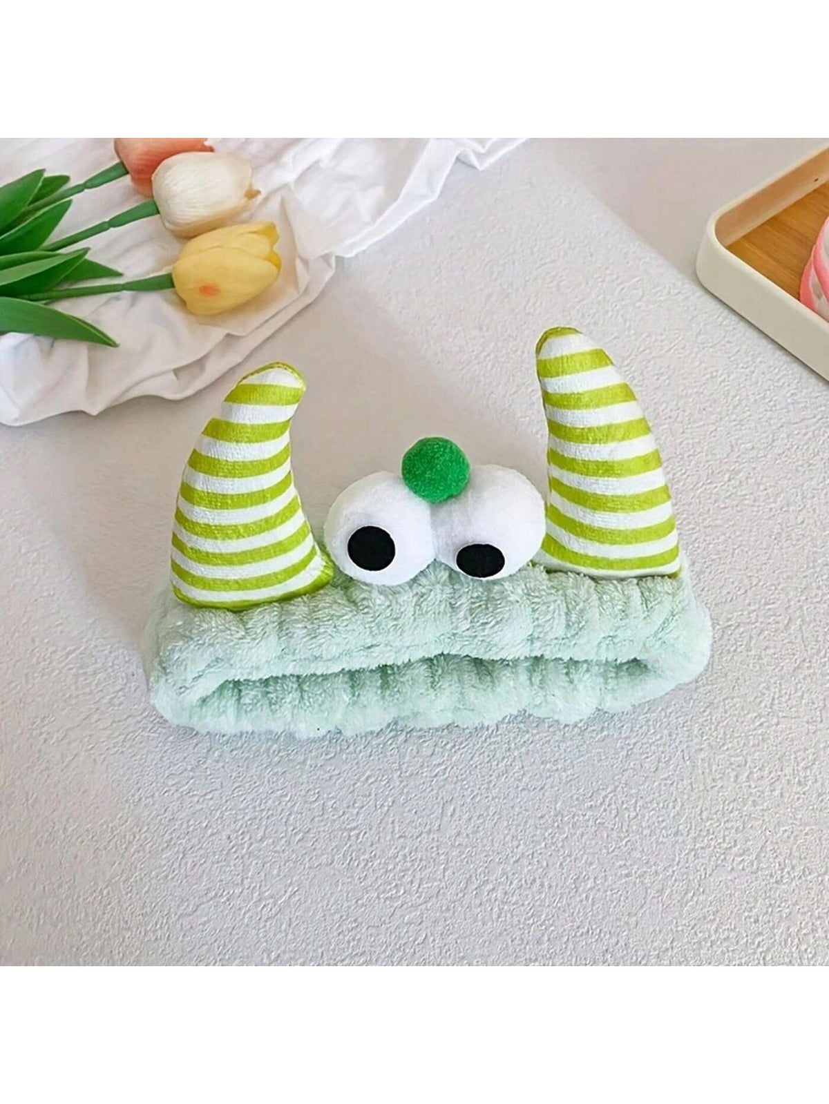 1pc Bull Horn Striped Headbands, Bath Headband,Cute Hair Band, Creative Polyester Facial Makeup Headband For Bathroom, Plush Wristband With Coral Fleece Sweatband For Face Washing/Sweating, Waterproof