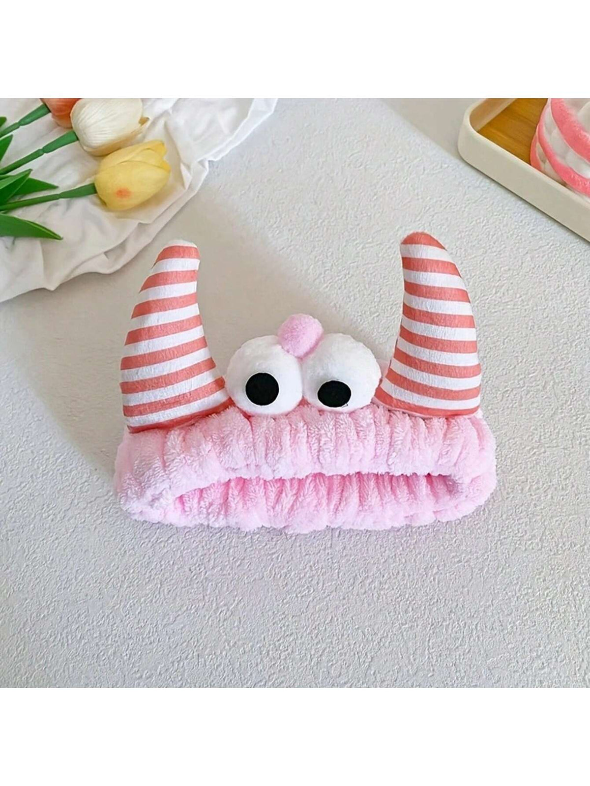 1pc Bull Horn Striped Headbands, Bath Headband,Cute Hair Band, Creative Polyester Facial Makeup Headband For Bathroom, Plush Wristband With Coral Fleece Sweatband For Face Washing/Sweating, Waterproof