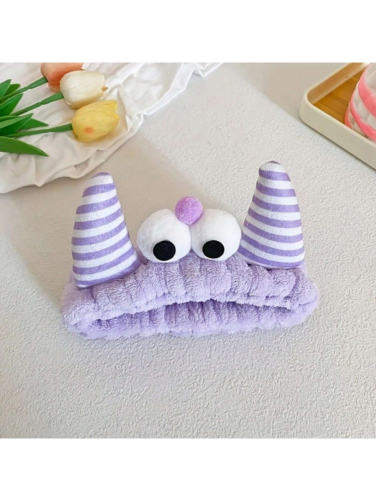 1pc Bull Horn Striped Headbands, Bath Headband,Cute Hair Band, Creative Polyester Facial Makeup Headband For Bathroom, Plush Wristband With Coral Fleece Sweatband For Face Washing/Sweating, Waterproof