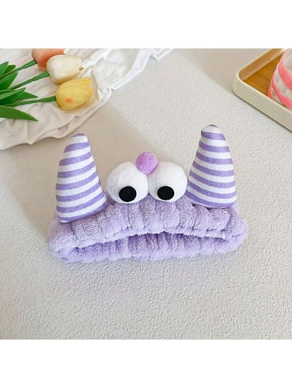 1pc Bull Horn Striped Headbands, Bath Headband,Cute Hair Band, Creative Polyester Facial Makeup Headband For Bathroom, Plush Wristband With Coral Fleece Sweatband For Face Washing/Sweating, Waterproof