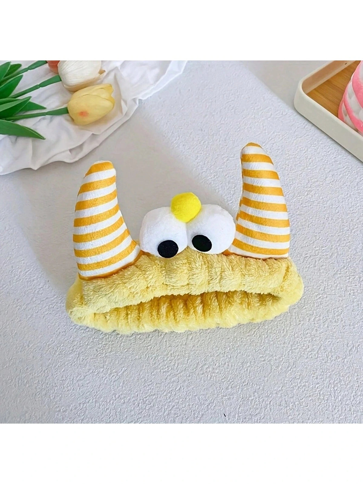 1pc Bull Horn Striped Headbands, Bath Headband,Cute Hair Band, Creative Polyester Facial Makeup Headband For Bathroom, Plush Wristband With Coral Fleece Sweatband For Face Washing/Sweating, Waterproof