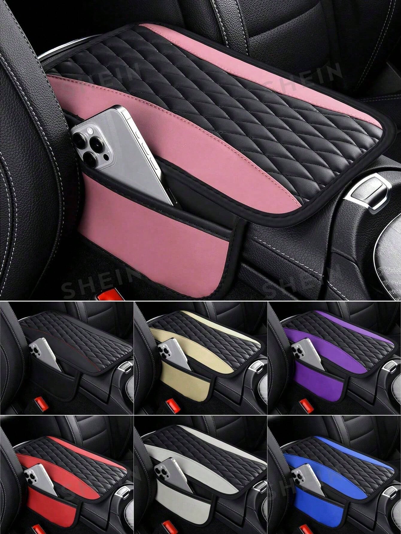 1pc Car Central Armrest Box Cover Leather Armrest Box Pad With 2 Storage Pockets, Universal Car Armrest Seat Box Pad, Interior Decoration, PU Leather Dual-Color Patchwork Elastic Armrest Pad, Comforta