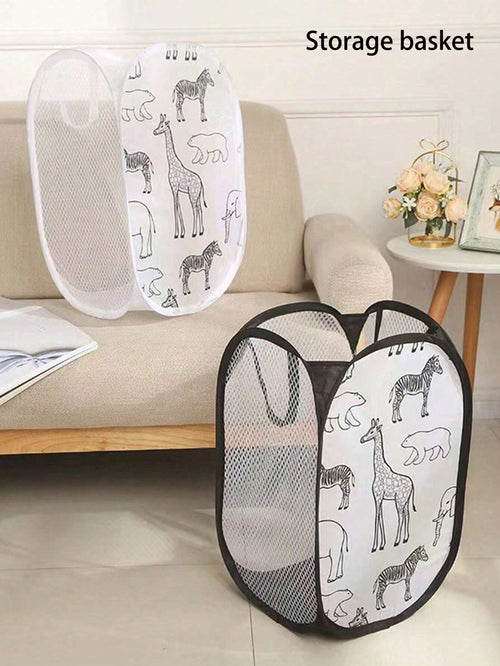 1pc Cartoon Foldable Mesh Laundry Basket, 3-Sided Net Dirty Clothes Storage Basket For Baby Room, Dorm, Bathroom