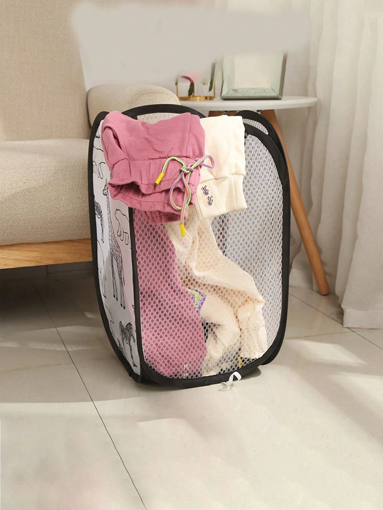 1pc Cartoon Foldable Mesh Laundry Basket, 3-Sided Net Dirty Clothes Storage Basket For Baby Room, Dorm, Bathroom