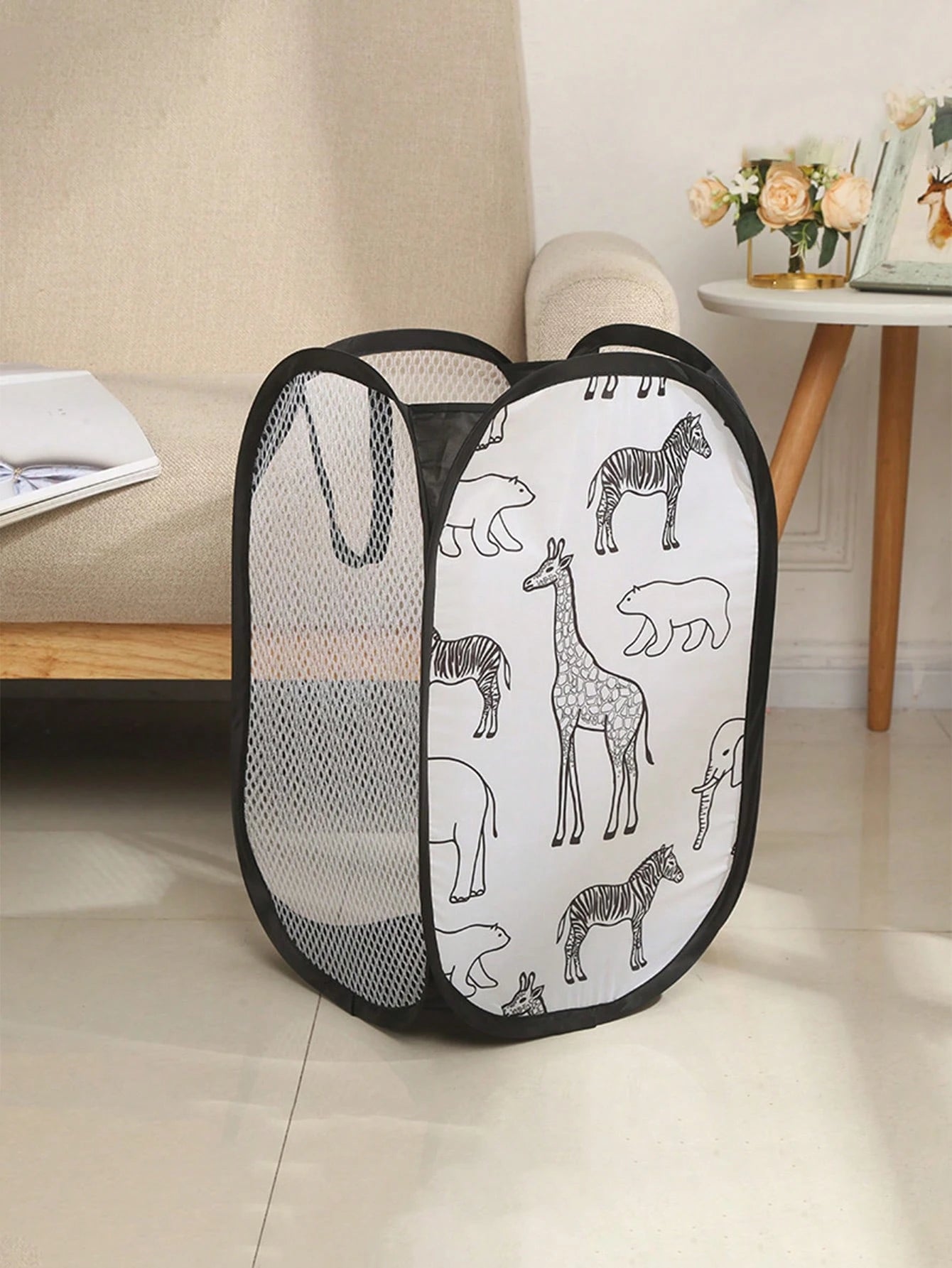1pc Cartoon Foldable Mesh Laundry Basket, 3-Sided Net Dirty Clothes Storage Basket For Baby Room, Dorm, Bathroom