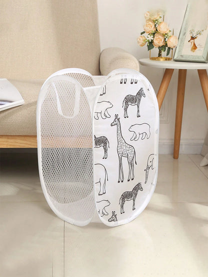 1pc Cartoon Foldable Mesh Laundry Basket, 3-Sided Net Dirty Clothes Storage Basket For Baby Room, Dorm, Bathroom