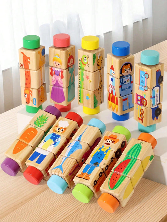 1pc Children Rotating Cognitive Puzzle Blocks Develops Fine Motor Skills In Toddlers; Educational Matching Toy; Wooden 3D Puzzle Blocks For Grip Training For Boys And Girls
