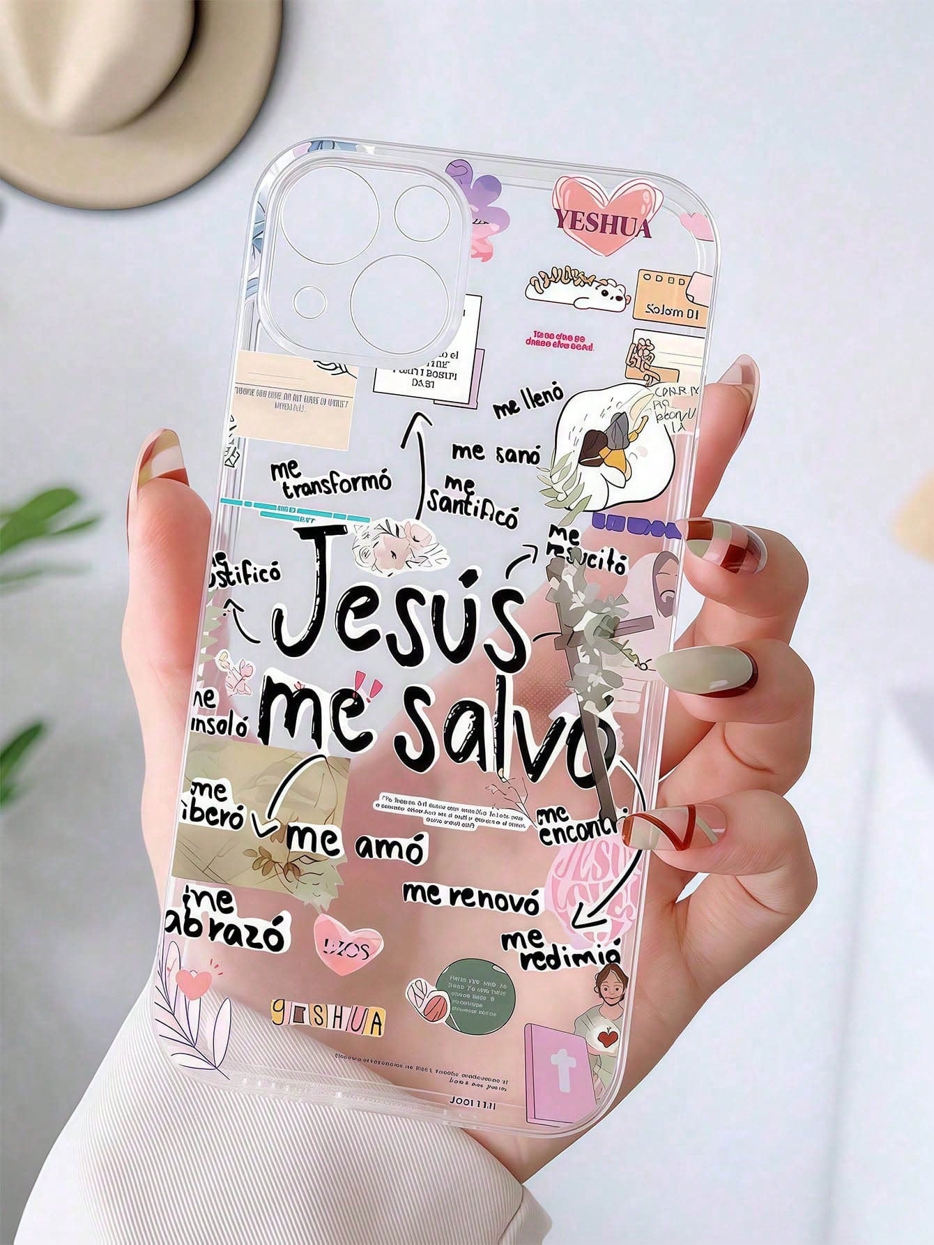1pc Christian Slogan Religious Element Cross Jesus Painted Pattern Transparent TPU Full Coverage Lens Anti-Fall Anti-Fingerprint Phone Case Compatible With IPhone 16 Pro/16 Plus/15/15 Pro Max/15 Pro/1