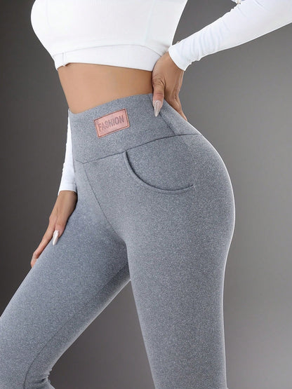 1pc Comfortable Warm Fleece Leggings, Casual Elastic Pocket High Waist Full Length Leggings, Autumn/Winter