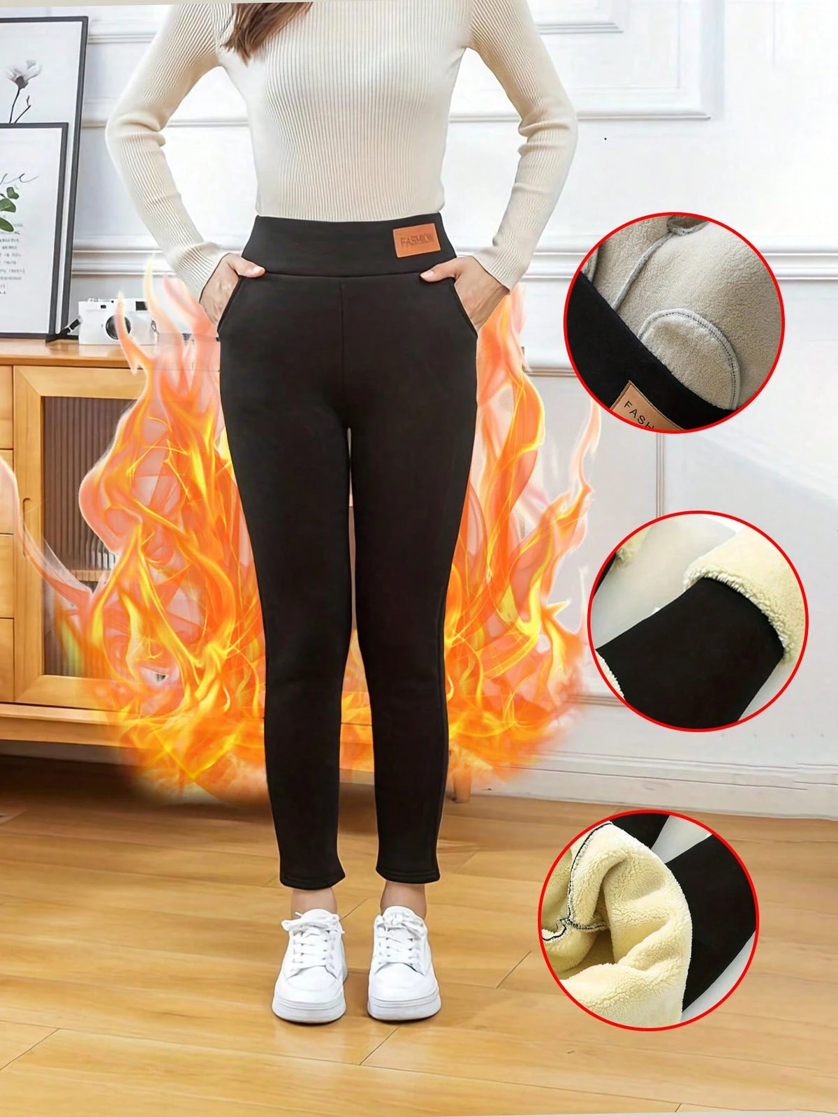 1pc Comfortable Warm Fleece Leggings, Casual Elastic Pocket High Waist Full Length Leggings, Autumn/Winter