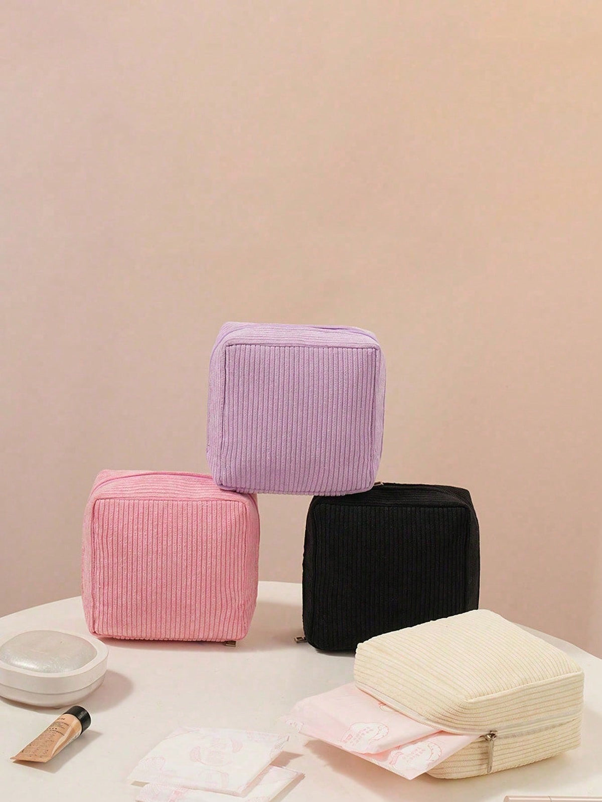 1pc Corduroy Makeup Bag Storage Pouch, Flat Toiletry Bag Makeup Storage Bag, Travel Makeup And Toiletry Bag. It Can Be Used For Storing Cosmetics, Stationery, Or As A Multifunctional Everyday Bag