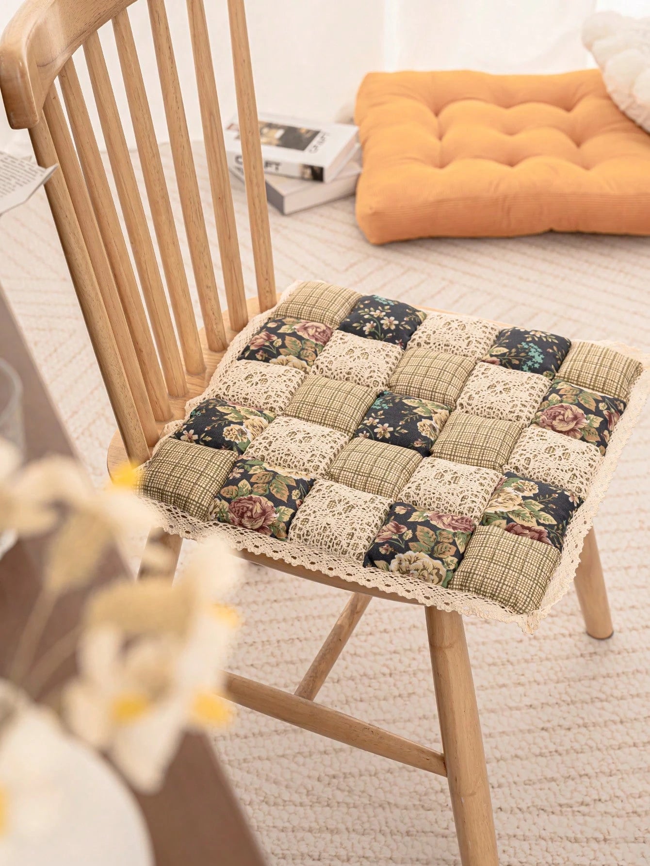 1pc Countryside Style Thickened Chair Cushion, Contrast Color Design, Tie-Fastened, Suitable For Dining Room, Bedroom, Indoor & Outdoor Chair, Soft & Comfortable, Easy To Clean