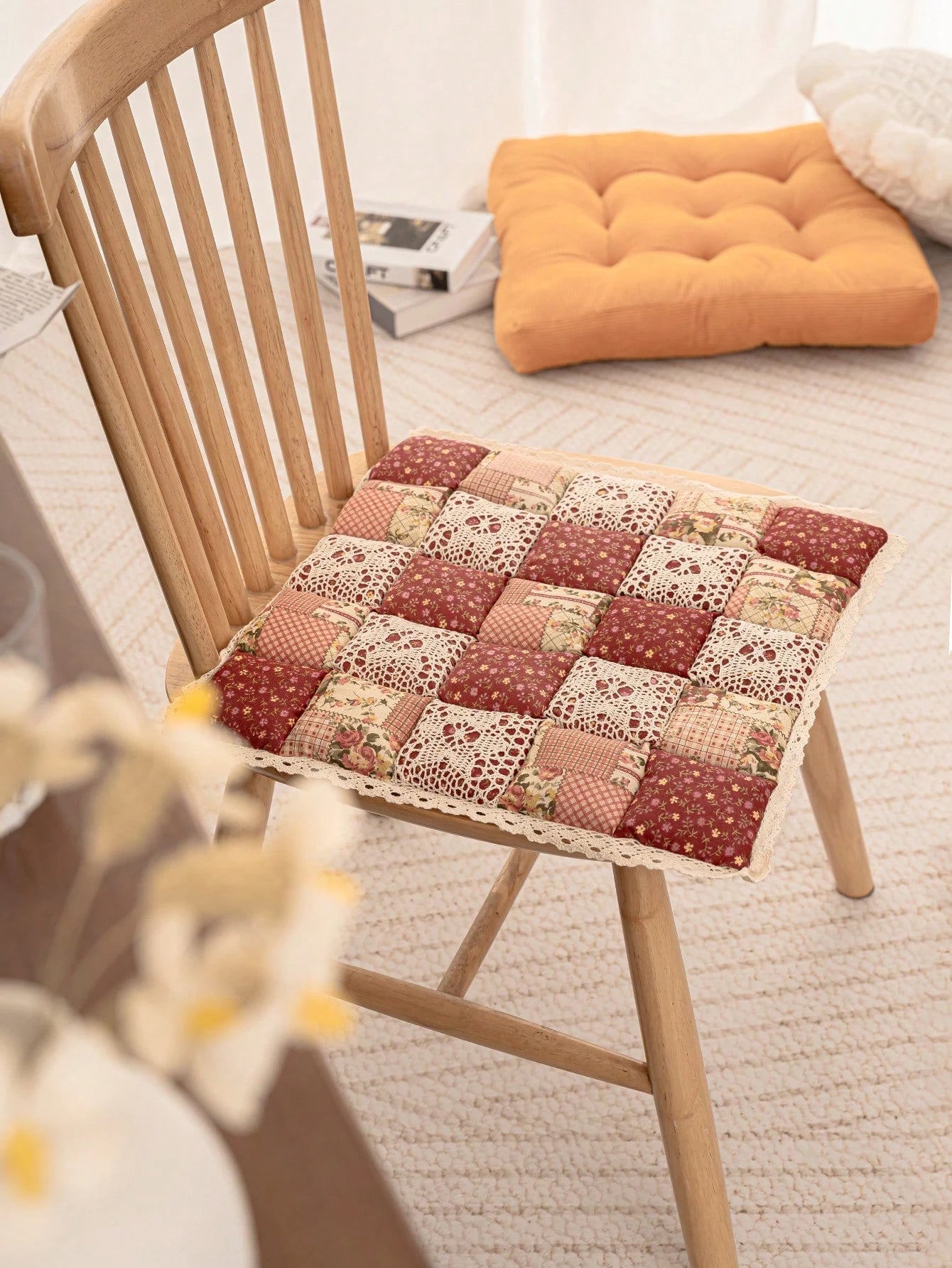 1pc Countryside Style Thickened Chair Cushion, Contrast Color Design, Tie-Fastened, Suitable For Dining Room, Bedroom, Indoor & Outdoor Chair, Soft & Comfortable, Easy To Clean