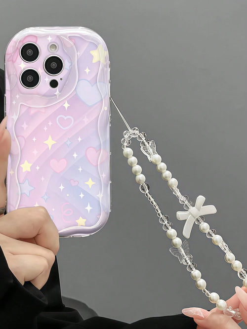 1pc Cream Dopamine Wave Ruffle Soft TPU Texture Creative Personalized Rainbow Gradient + Pearl Chain Phone Case Compatible With Galaxy S21 S22 S23 S24 S25 S26/Honor/ And More Models