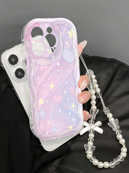 1pc Cream Dopamine Wave Ruffle Soft TPU Texture Creative Personalized Rainbow Gradient + Pearl Chain Phone Case Compatible With Galaxy S21 S22 S23 S24 S25 S26/Honor/ And More Models