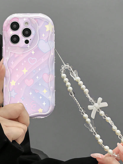 1pc Cream Dopamine Wave Ruffle Soft TPU Texture Creative Personalized Rainbow Gradient + Pearl Chain Phone Case Compatible With Galaxy S21 S22 S23 S24 S25 S26/Honor/ And More Models