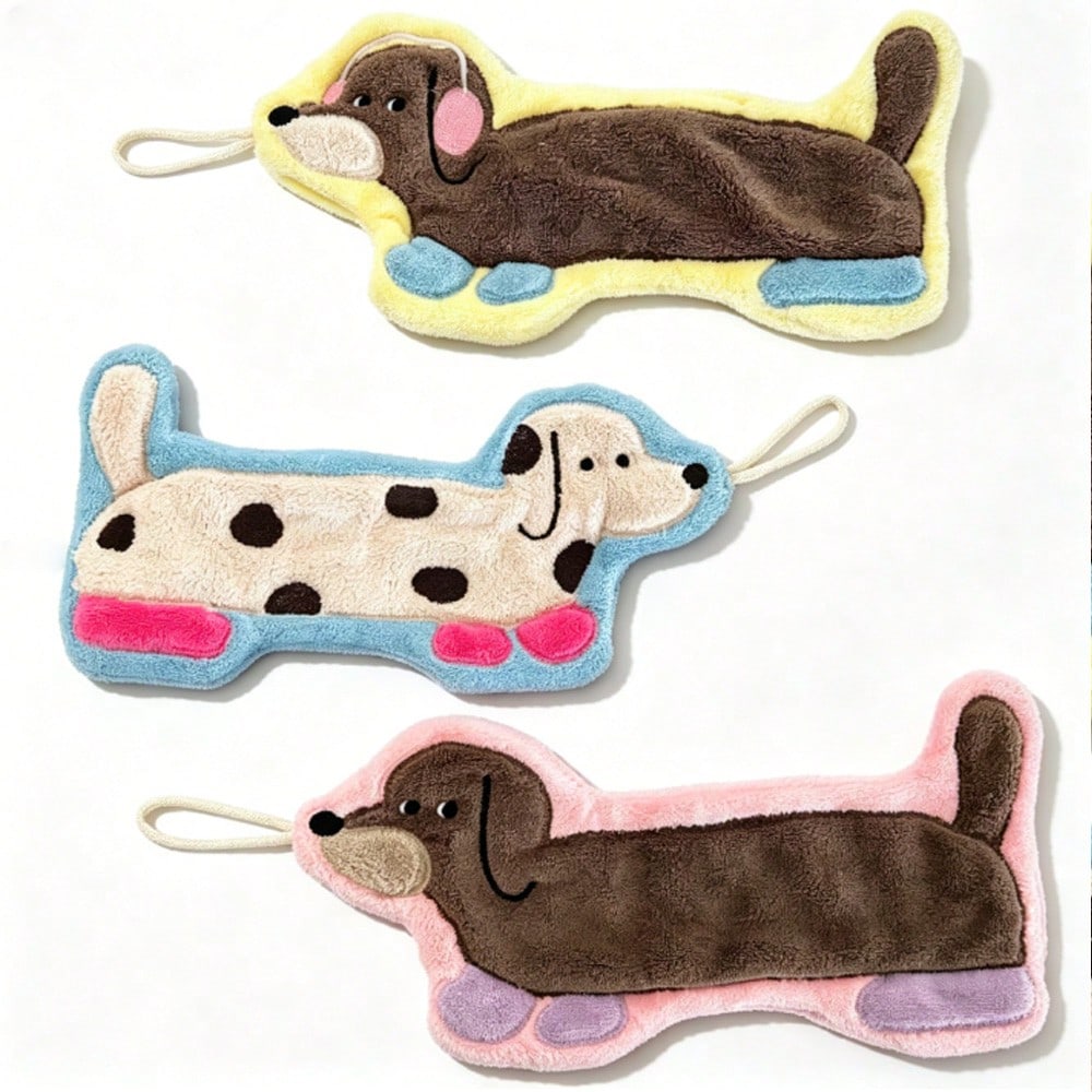 1pc Creative Dachshund Pattern Towel, Cute Cartoon Coral Fleece Hand Towel, Hanging Long Kitchen Bathroom Small Towel, Suitable For Kitchen, Bathroom, Room Decoration, Strong Water Absorption, No Shed