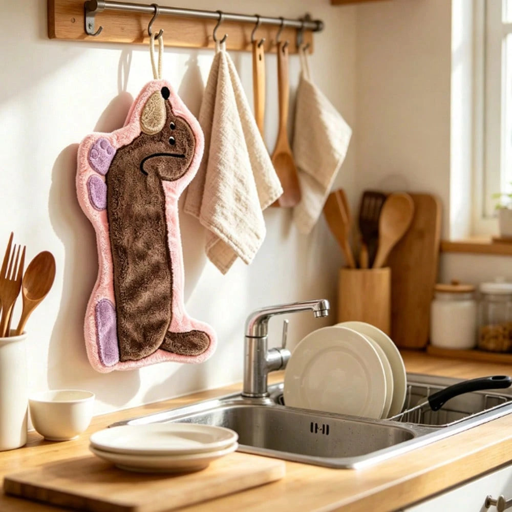 1pc Creative Dachshund Pattern Towel, Cute Cartoon Coral Fleece Hand Towel, Hanging Long Kitchen Bathroom Small Towel, Suitable For Kitchen, Bathroom, Room Decoration, Strong Water Absorption, No Shed