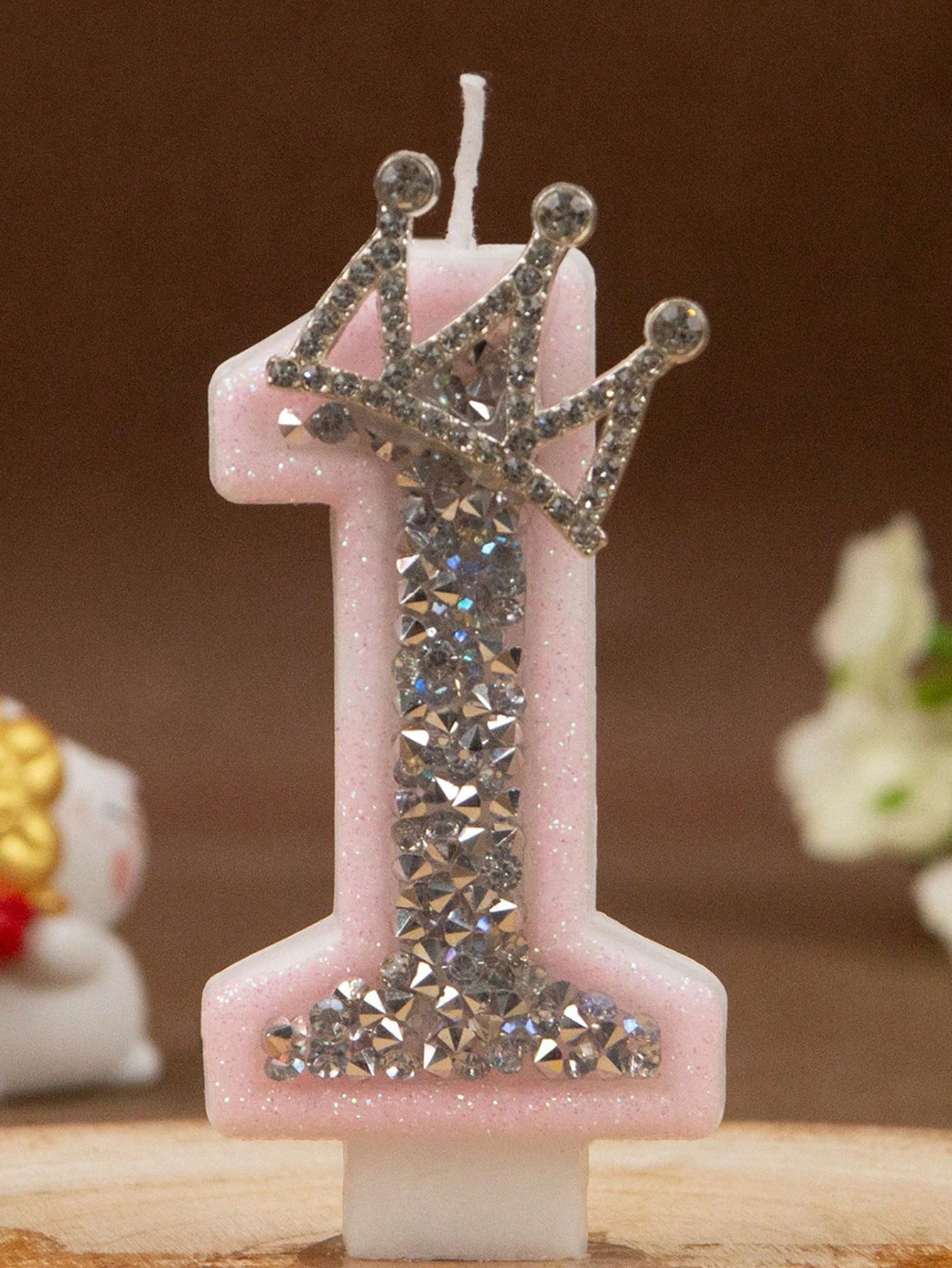 1pc Crown Crystal Silver-Pink Creative Number 0-9 Candles For Birthday Party Pink Glittering Number Birthday Candle With Silver Edge And Rhinestones