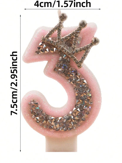 1pc Crown Crystal Silver-Pink Creative Number 0-9 Candles For Birthday Party Pink Glittering Number Birthday Candle With Silver Edge And Rhinestones